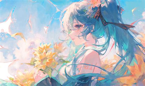 Blue Hair Blue Eyes Maccha Profile Hatsune Miku Flowers Anime