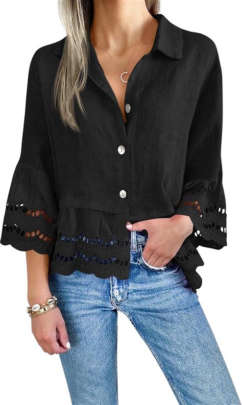 Cicy Bell Womens Casual Button Up Shirts Trendy Loose Hollow Out Ruffle