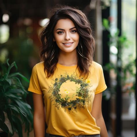 Premium AI Image Picture Of A Smiling Brunette In A Yellow Tshirt