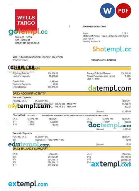 WELLS FARGO Firm Bank Statement Word And PDF Template Templ Cc Ready