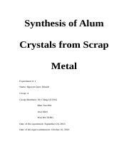 Synthesis Of Alum Crystals From Scrap Metal A Sustainable Course Hero