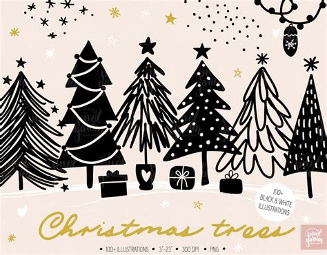 Black & White Christmas Tree Clipart. Hand Drawn Minimalist ...