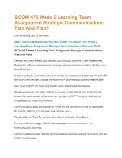 BCOM 475 Week 5 Learning Team Assignment Strategic Communications Plan