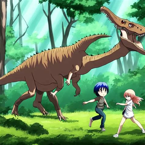 Anime Dinosaur Chasing Anime Girl In Forest