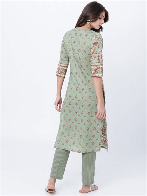 Buy Vishudh Olive And Off White Ethnic Motifs Printed Straight Kurta With