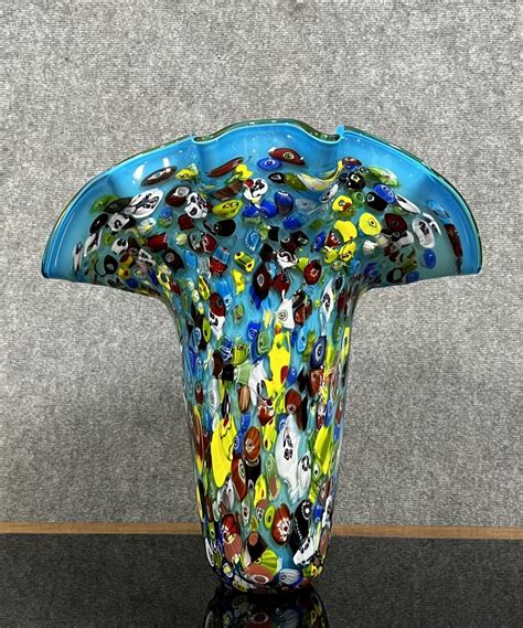 Proantic Venice Late 20th Century Millefiori Glass Vase With Blue Ba