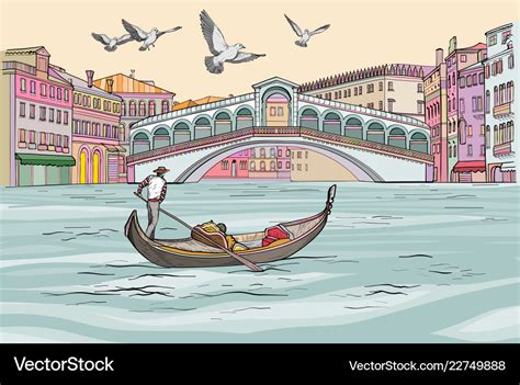 Venecia Cityscape View Gondola In Grand Canal Vector Image