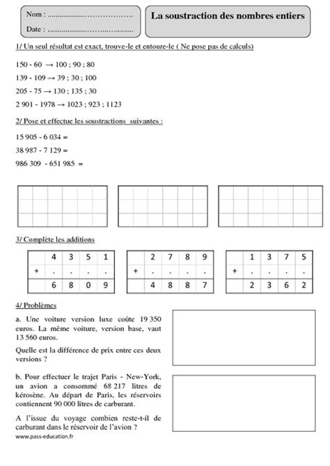 Soustraction des nombres entiers Cm2 Exercices corrigés Calcul