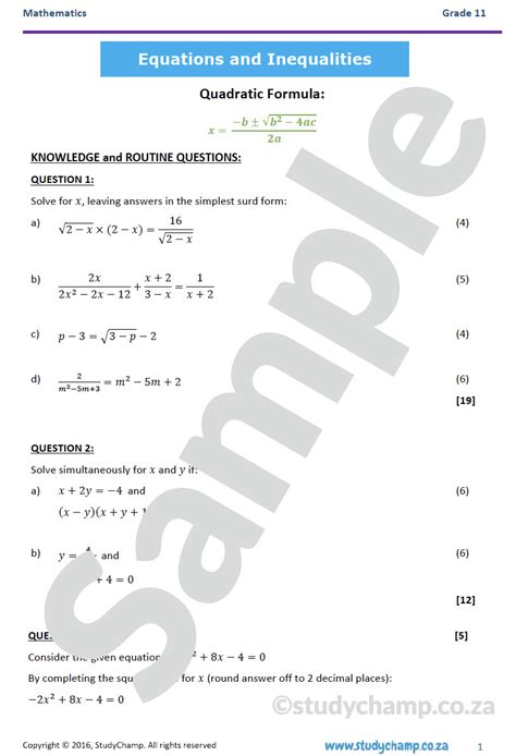 Grade 11 Mathematics Test Quadratic Equations And Inequalities