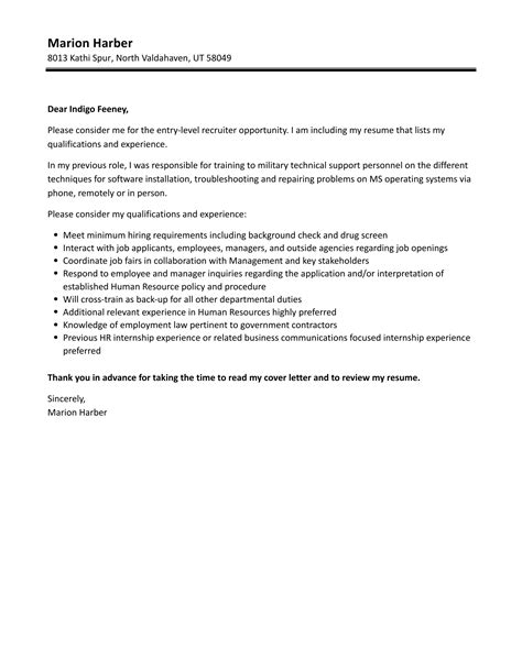 Entry Level Recruiter Cover Letter Velvet Jobs