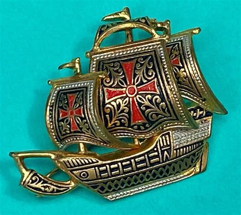 Vintage Galleon Spanish Sailing Ship Brooch Pin Gold Gem