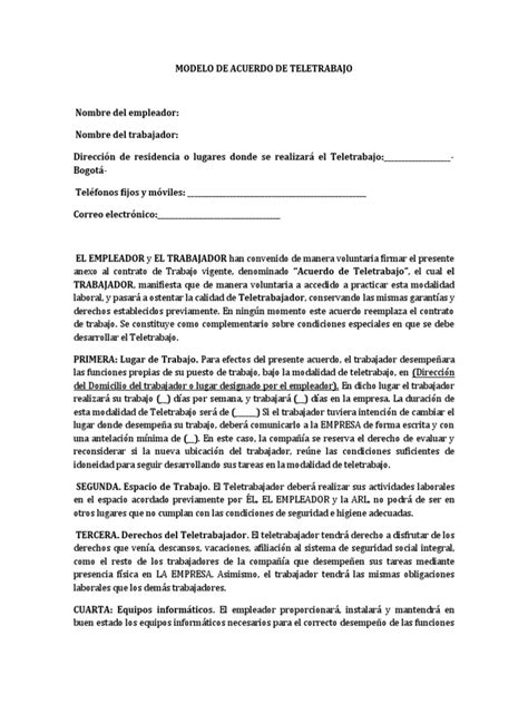 Modelo De Acuerdo De Teletrabajo Pdf