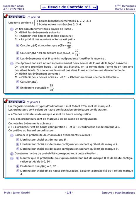 Bac Sc Exp Rimentales Math Devoir De Contr Le N Sc T