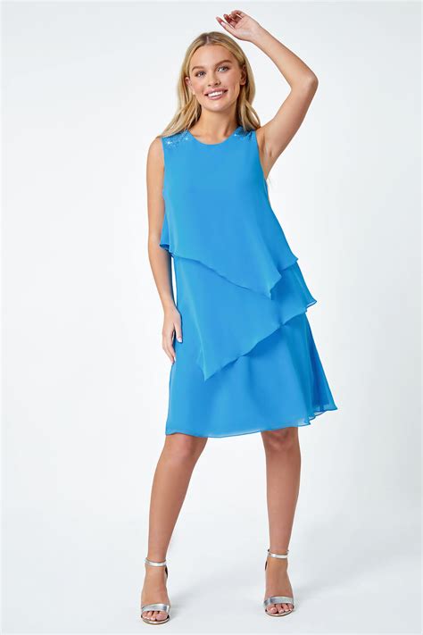 Blue Petite Embellished Tiered Shift Dress Petite UK