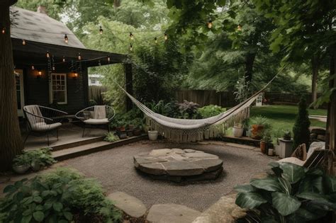 Premium Photo Cozy Outdoor Space With Fire Pit And Hammock Surrounded