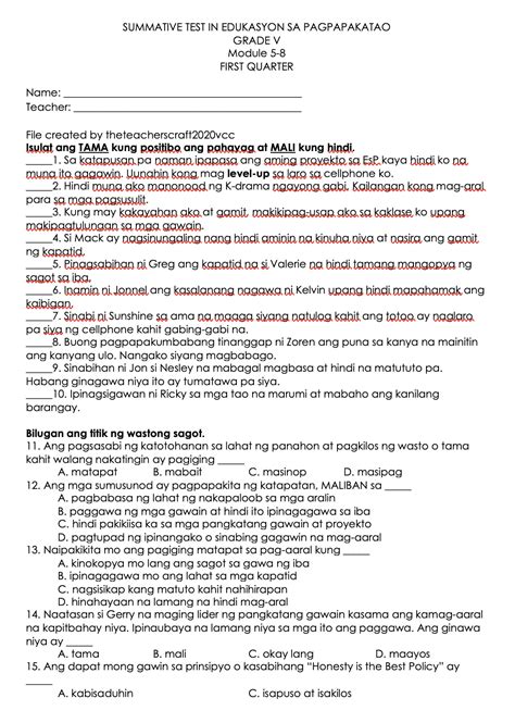 Edukasyon Sa Pagpapakatao Summative Test 3 Week 5 6 Summative Test 1