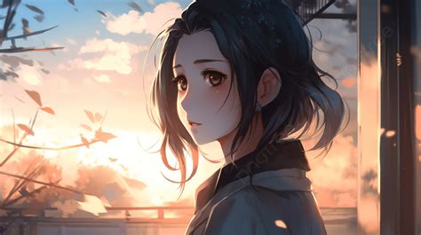 Anime Girl In Front Of The Window Near Sunset Background Picture Into