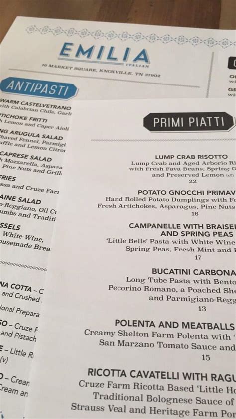 Menu At Emilia Restaurant Knoxville