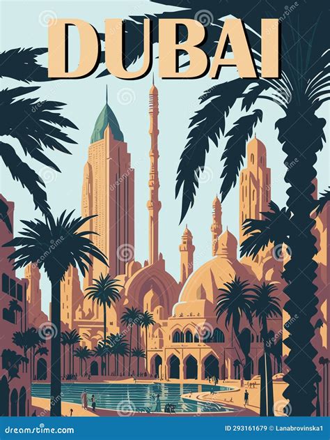 Dubai Travel Destination Poster In Retro Style Stock Vector