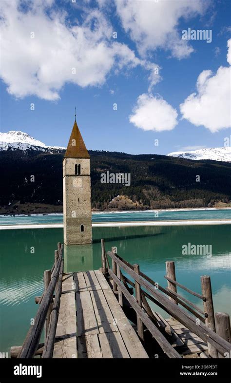 The bell tower in Reschensee, Lago di Resia, Lake Reschen, South Tyrol, Italy, Europe Stock ...