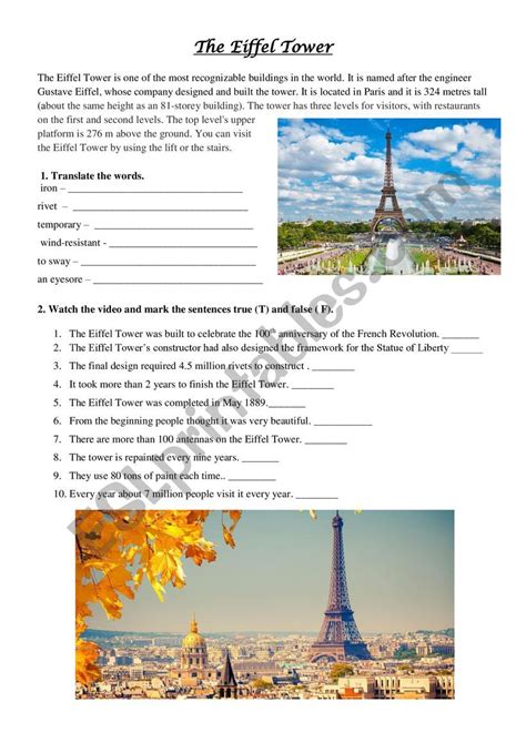 The Eiffel Tower Video Exercises Esl Worksheet By Buzybeee