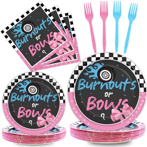 96 Pcs Gender Reveal Burnouts Or Bows Party Plate Napkins Forks