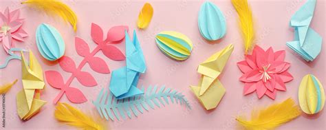 Easter holiday creative background with papercraft eggs, flowers ...