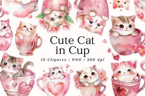 Valentine Cute Cat In Cup Watercolor Graphic By Lemonmoon · Creative