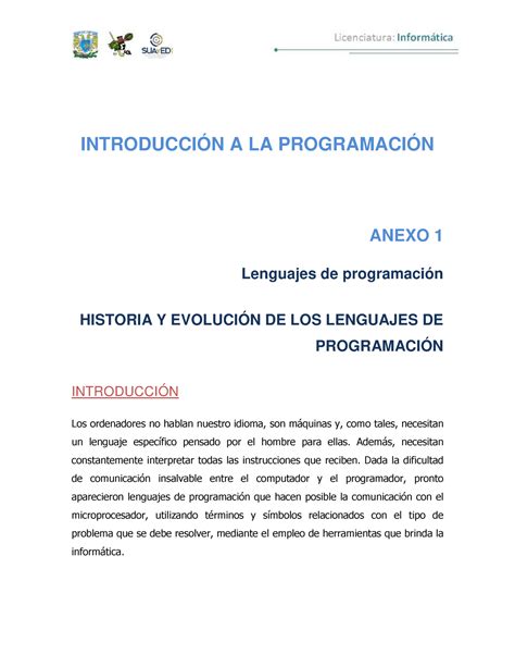 1 Programacion IntroducciÓn A La ProgramaciÓn Anexo 1 Lenguajes De Programación Historia Y