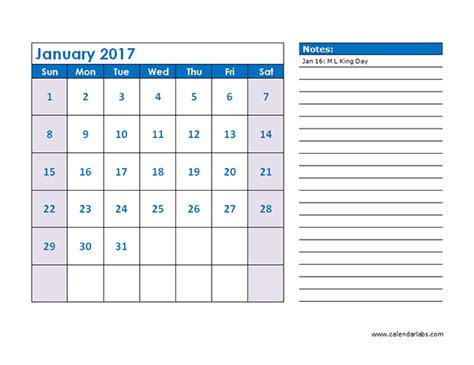 2017 Monthly Calendar Template Printable