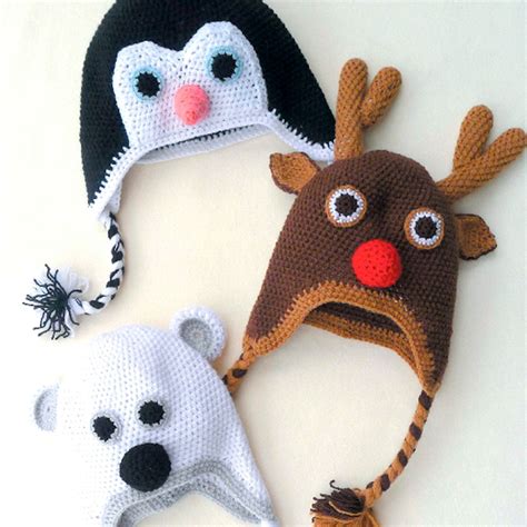 Crochet Pattern Novelty Animal Hats Penguin Polar Bear Reindeer