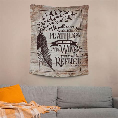 He Will Cover You With His Feathers Psalm 914 Bible Verse Wall Decor A