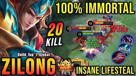 20 Kills OP Lifesteal Zilong 100 IMMORTAL Build Top 1 Global