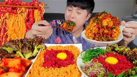 [자막] Asmr Mukbang｜육회비빔면 육회비빔밥 먹방 육회 듬뿍 넣어서 총각김치랑 같이 먹방 Youtube