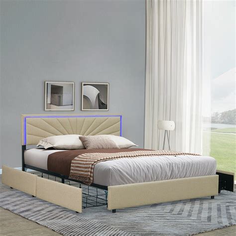 Willsoon Modern Design Bed With Drawers And Led Light Headboard Linen