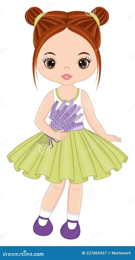 Beautiful Cute Girl Holding Bouquet Of Lavender Vector Redheaded Girl