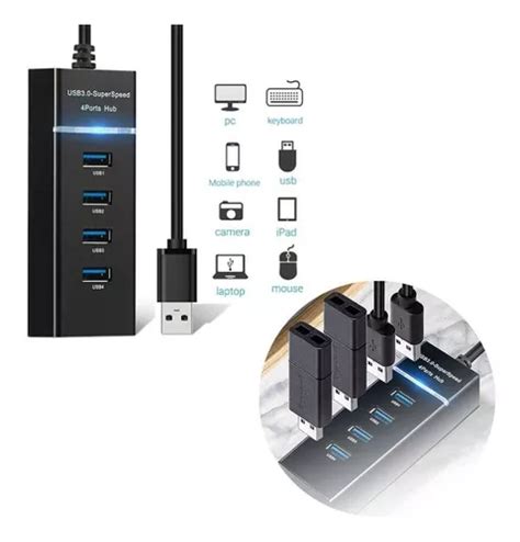 Hub 4 Puertos Multi Usb 3 0 Indicador Luz Led Adaptador Cuotas Sin