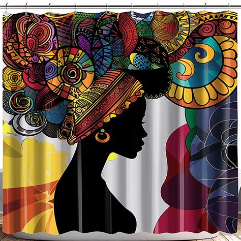 Vibrant African American Woman Zentangle Art Shower Curtain Bold Colors Intricate Patterns