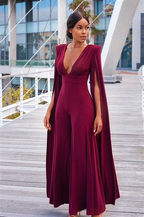 Mesmerise Berry Plunge Front Cape Jumpsuit Graduation Outfits For