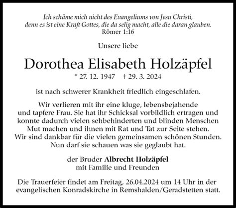 Traueranzeigen Von Dorothea Elisabeth Holz Pfel Stuttgart Gedenkt De