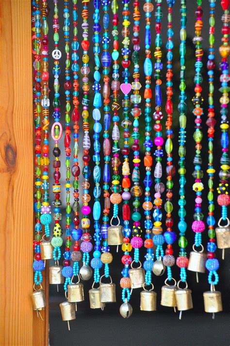 Colorful Bohemian Glass Bead Curtain With Brass Bells In Varying Lengths Made To Order