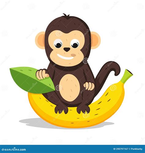Cute Tiny Baby Monkey Sitting on a Banana and Smiling Stock Vector
