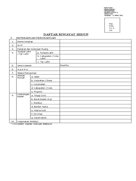 Daftar Riwayat Hidup Kepka Bkn Pdf