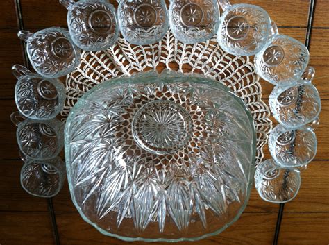 Vintage Clear Glass Square Punch Bowl Set Of 12 Cups Etsy