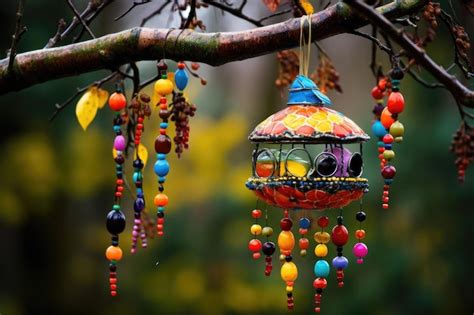 Premium Ai Image Colorful Bird Feeder Hanging From A Tree Branch