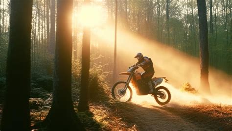 Una Persona Montando Una Moto De Cross En El Bosque Con El Sol