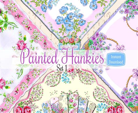 Hand Painted Hankies Set 1 Printable Hanky Designs Pockets Tags Gouache And Ink Vintage