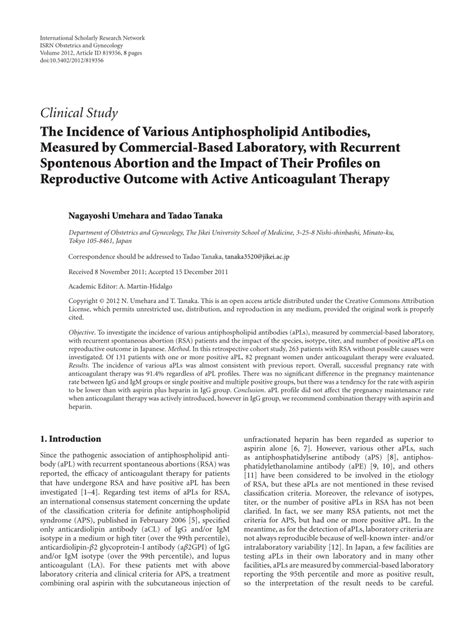 Pdf The Incidence Of Various Antiphospholipid Antibodies Measured By