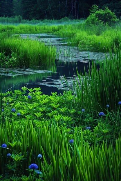 Swamp Landscape With Blue Flowers And Green Grass Premium AI