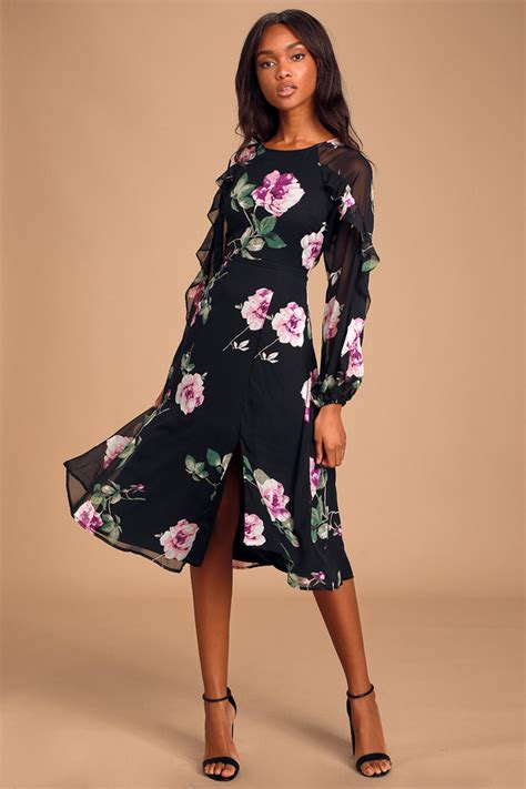 Cute Black Floral Dress Floral Midi Dress Long Sleeve Midi Lulus